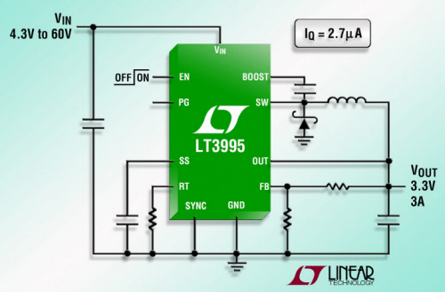 IQ= 2.7µA를 제공하는 60V, 3A(IOUT), 2MHz 스텝다운DC/DC컨버터
